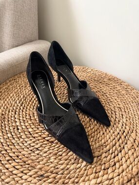 Lauren Ralph Lauren Black Pointed D'Orsay Heels with Croc Strap